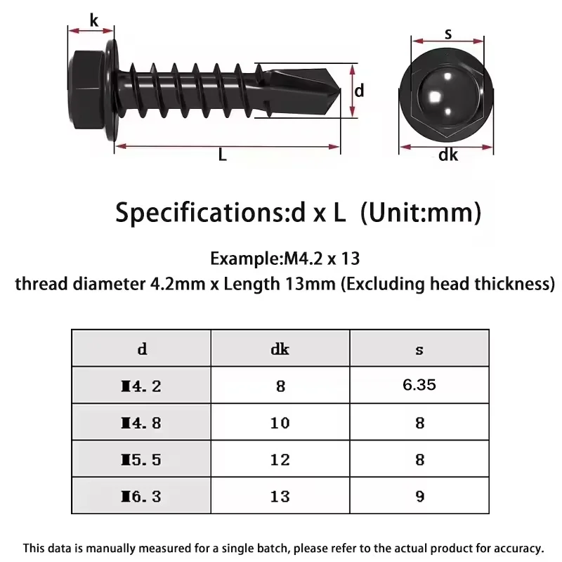 Black 410 Stainless Steel Hex Washer Head Self Drilling Screw External Hexagon Self-drilling Screws M4.2 M4.8 M5.5 M6.3