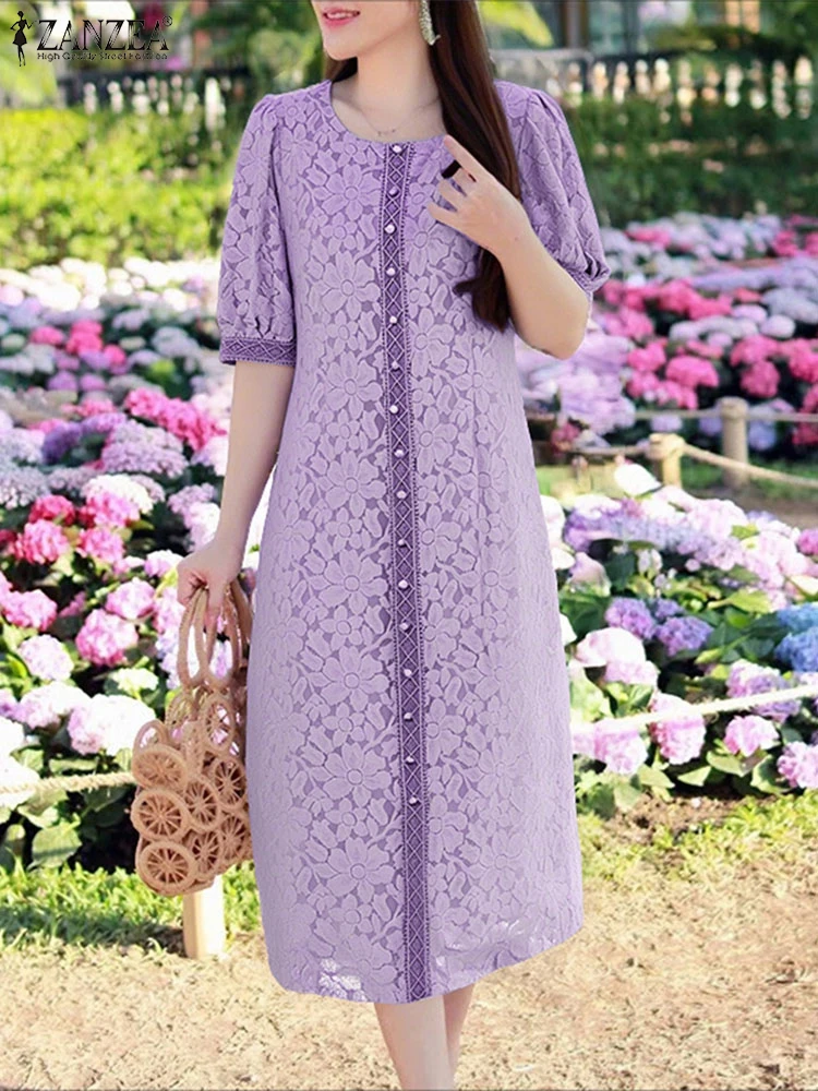 

ZANZEA элегантный кружевной сарафан женские однотонные платья миди 2025 модный повседневный офисный халат с короткими рукавами и пуговицами вечерние Vestidos Robe