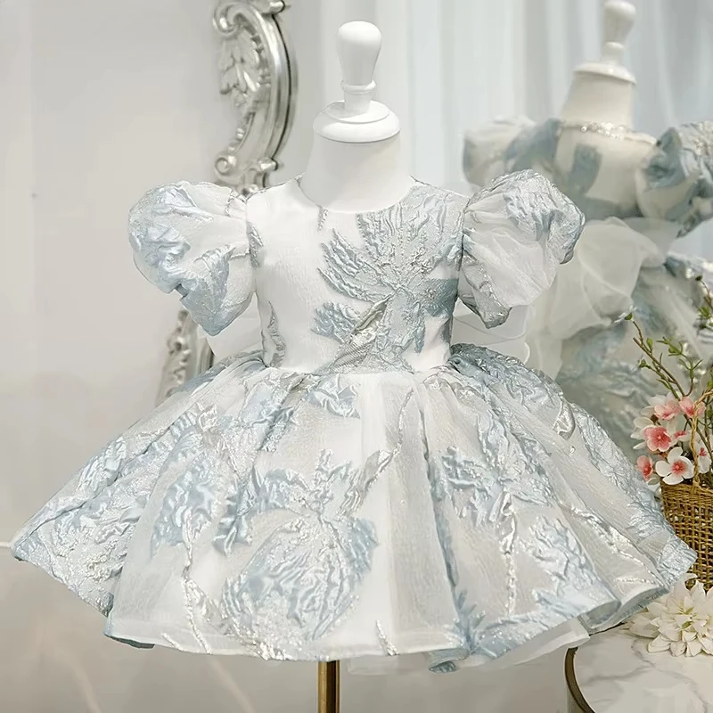 Infant Toddler Children Short Puff Sleeve Flower Vintage Costume Elegantdress Bow Vestido Girl PrincessParty Birthday