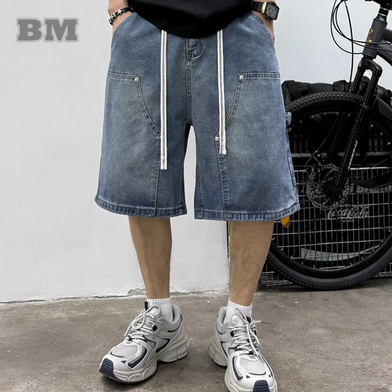 

Japanese Vintage Jorts Men Loose Fit Straight Leg Washed Denim Shorts Summer Hip Hop Streetwear Mid Length High Quality Jeans