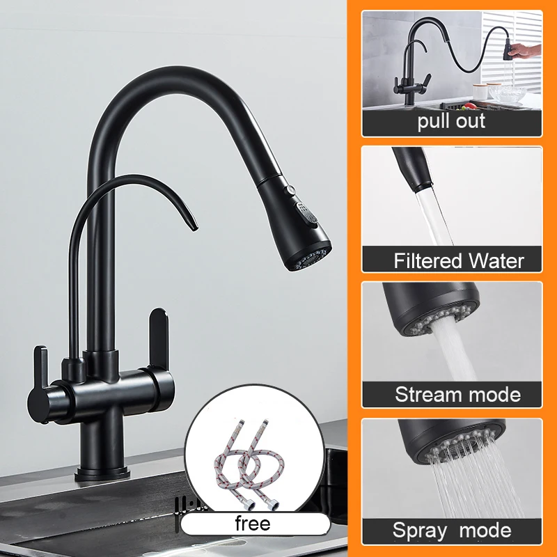 

Matte Black Pure Water Kitchen Faucet Dual Handle Hot and Cold Drinking Water Pull Out Kitchen Mixer Taps