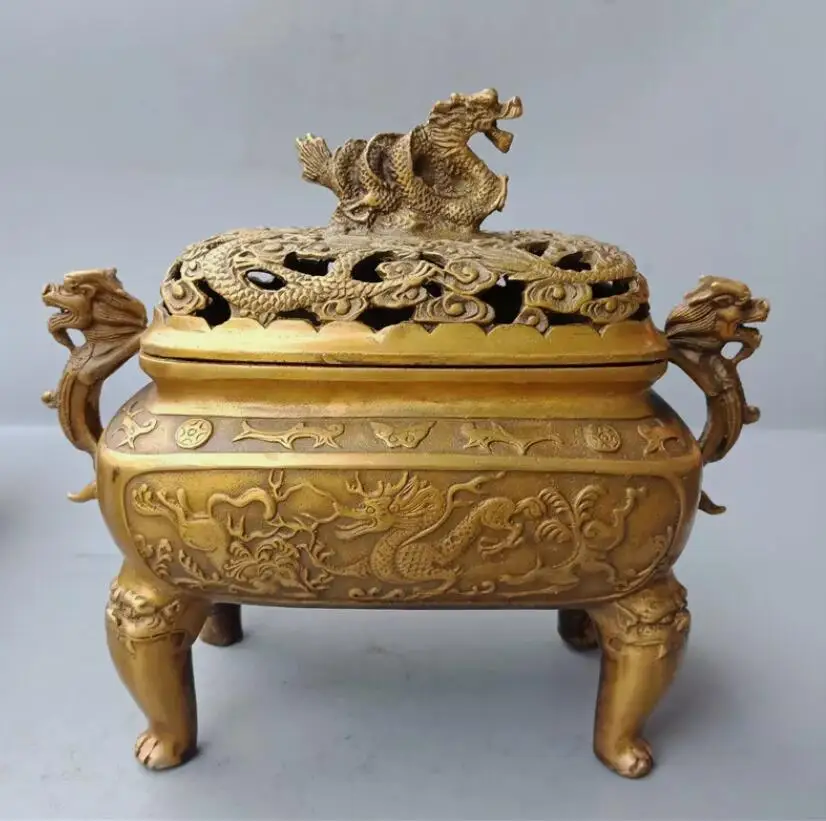 Marked Chinese Old Bronze Dragon Dragons Fu Foo Dogs Lion Incense Burners Censer