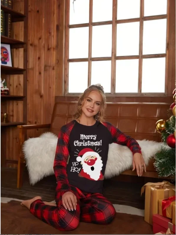 Women Christmas Pajama Set Raglan Long Sleeve Santa Print Top And Plaid Pants 2 Piece Casual Loungewear