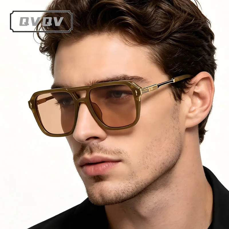 QVQV Luxury Brand Trendy Square Sunglasses Men Vintage Handsome Driving Sun Glasses For Male Brown Shades Metal Arm Eyewear