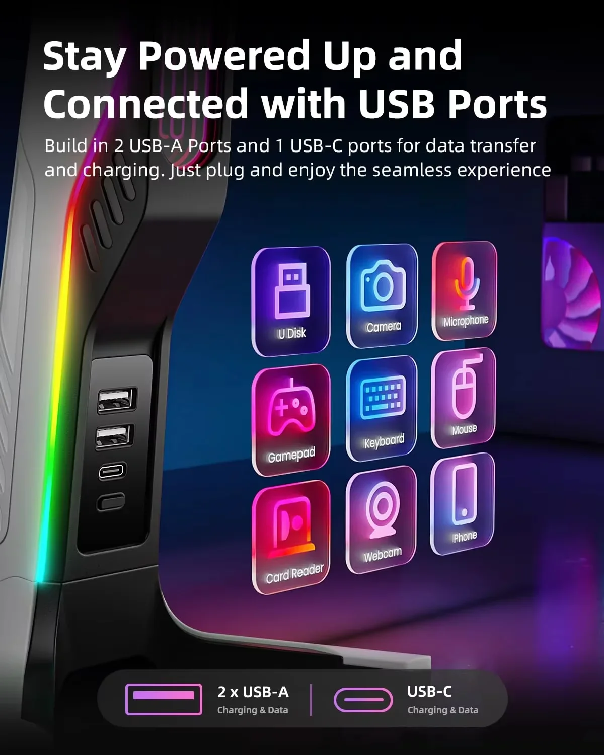 RGB Gaming Headphone Stand Lighting Effects Headphone Stand Holder Rack USB Port Tybe-c Port Desktop Headset Bracket