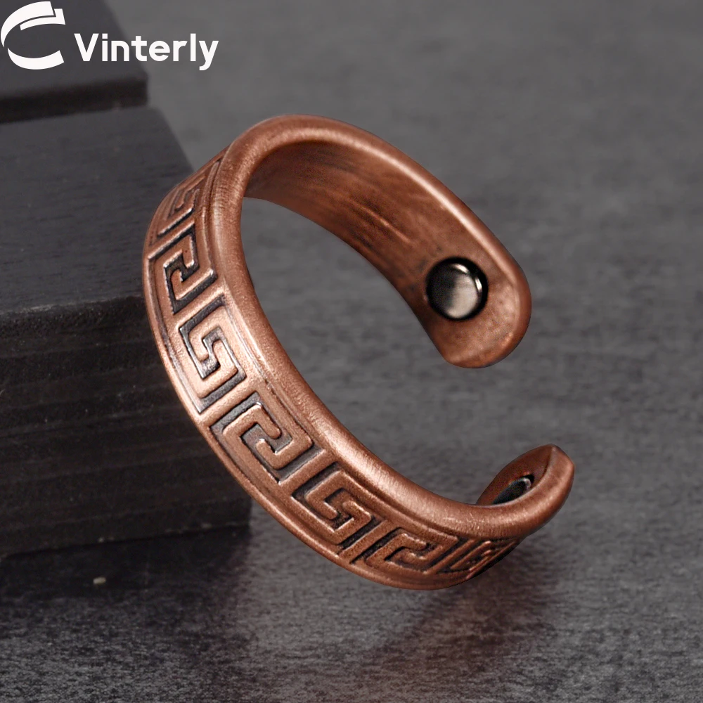 Pure Copper Ring Magnetic Adjustable Open Cuff 6MM Metal Vintage Lucky Fret Finger Jewelry for Men Women High Magnet Resizable