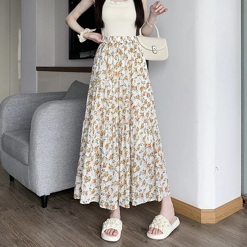 Jupe longue élastique taille haute pour femmes, Slim, de haute qualité, Style Prairie Chic, douce, grand ourlet, motif Floral, nouvelle collection printemps été 2025