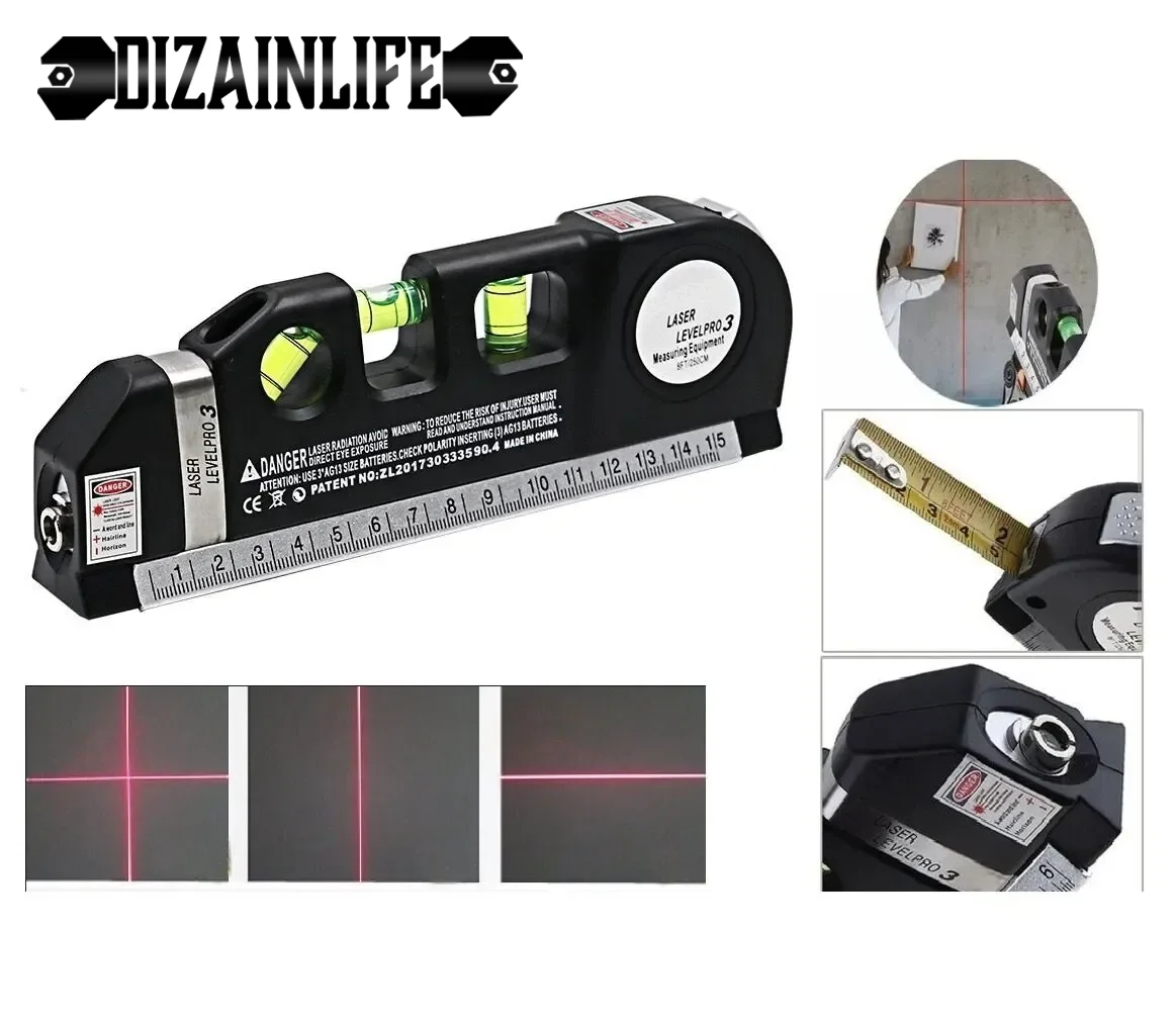 Laser Level Multipurpose Line Laser Leveler Tool Cross Line Lasers With 8FT 2.5M Standard Measure Tape and Metric Rulers