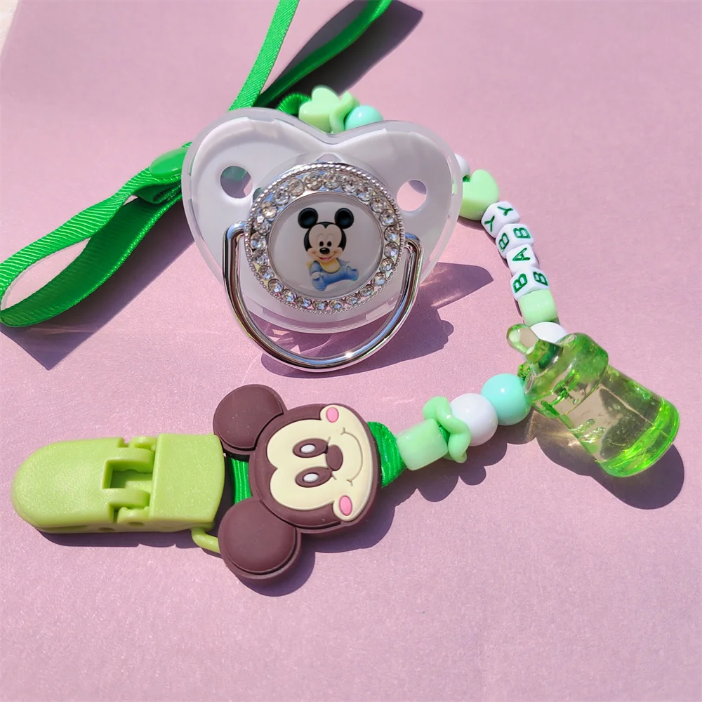 [ Clip and Lollipop] Mickey Minnie Mouse Newborns Handmade Green Pacifier Clips with Name Unique Baby Shower Gift Babi Soother