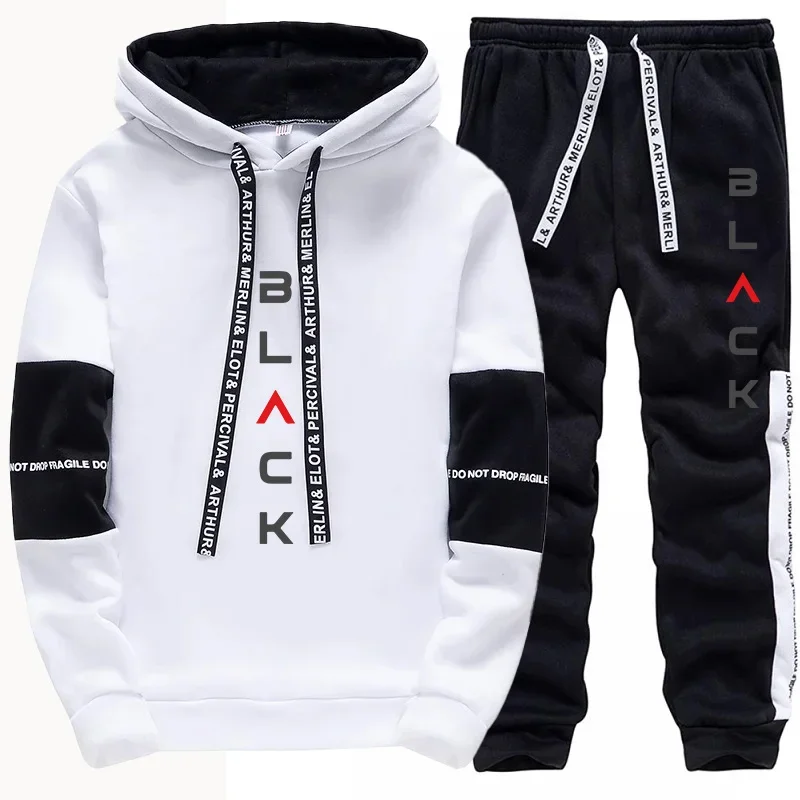 

Black Letter Print Hoodie Sweatpants Urban Casual Fashion Men's Tracksuit Autumn Winter Home Outdoor Comfort Warm Sporty Outfits