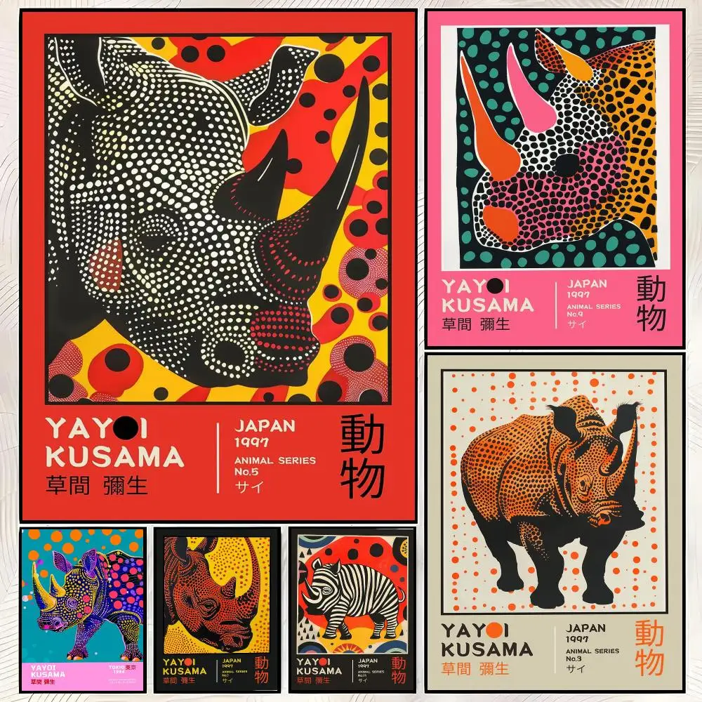 Y-Yayoi Kusama Rhino Pop Art Poster Trendy HD PP Paper Waterproof Wall Art Print for Bedroom Living Room Decor