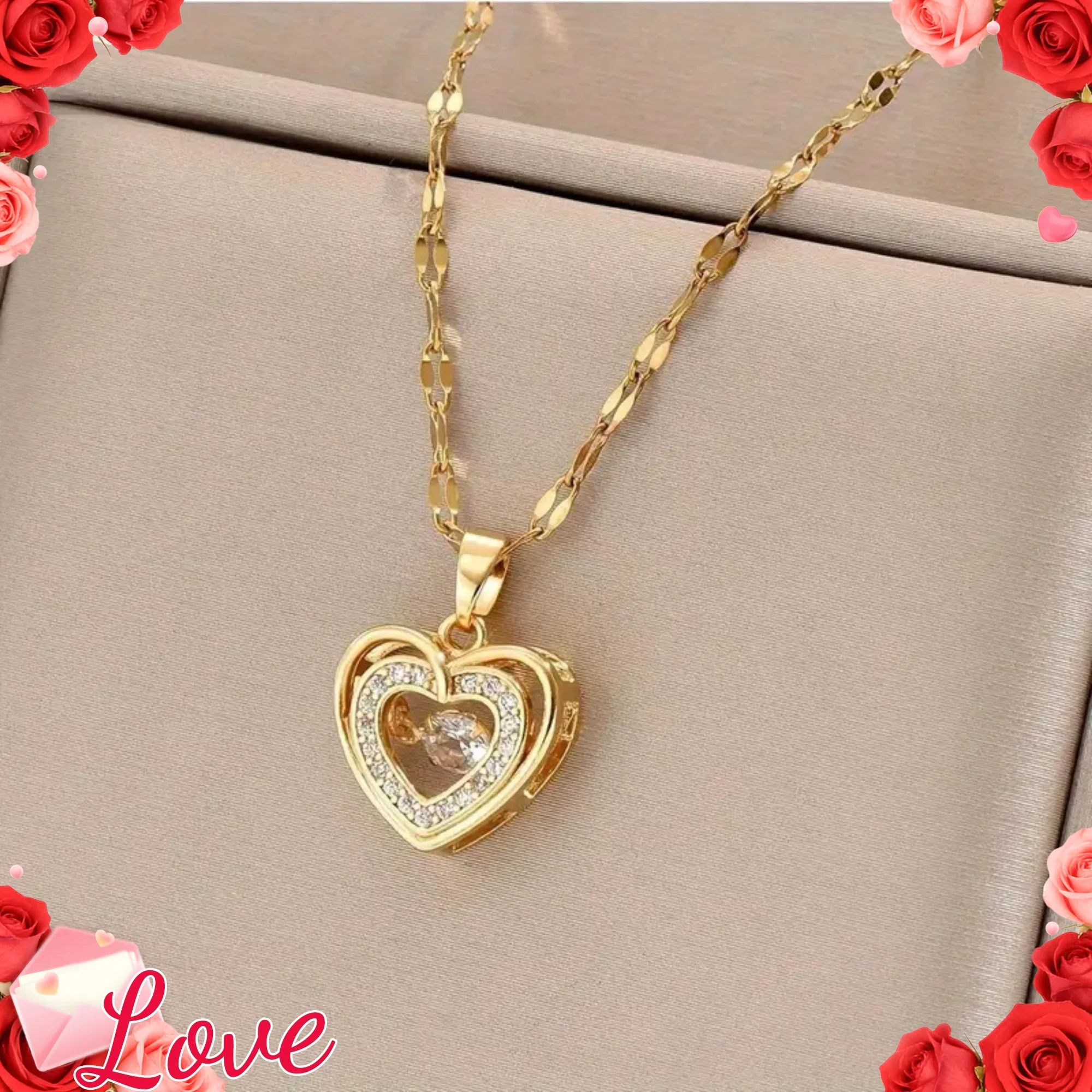 [Copper micro-inlaid zircon] European and American love crystal pendant stainless steel necklace temperament light luxury niche design sense (can be used in 4 seasons)
