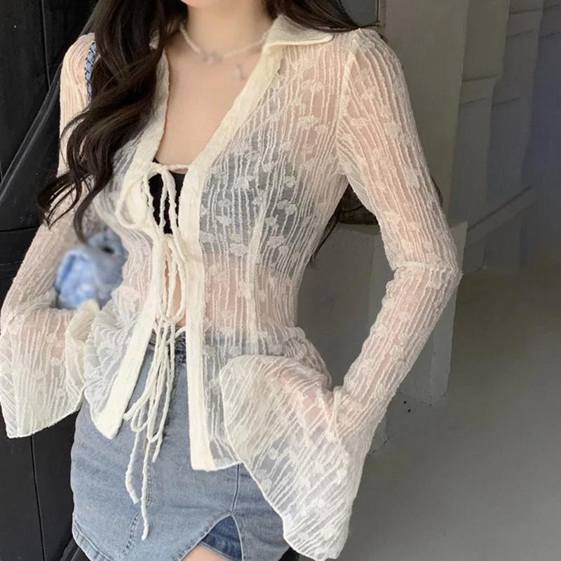 Women\'sSunscreen Cardigan Jacket Waist Slimming Semi-Perspective Chiffon Shirt Tie Y2K Air Conditioning Shirt Blouse Autumn