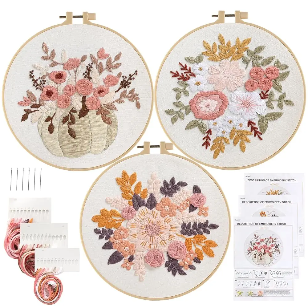 

Embroidery Kit for Beginners, 3 Sets Stamped Cross Stitch Kits for Beginner, Floral Pattern Embroidery Starter Kits for Adul