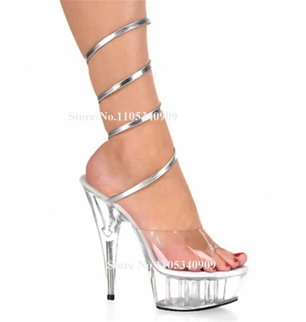 Bondarenko Sexy Sliver Snake Shaped Stiletto Heel Sandals Peep Toe Clear PVC Transparent Platform Thin Heel Dance Shoes