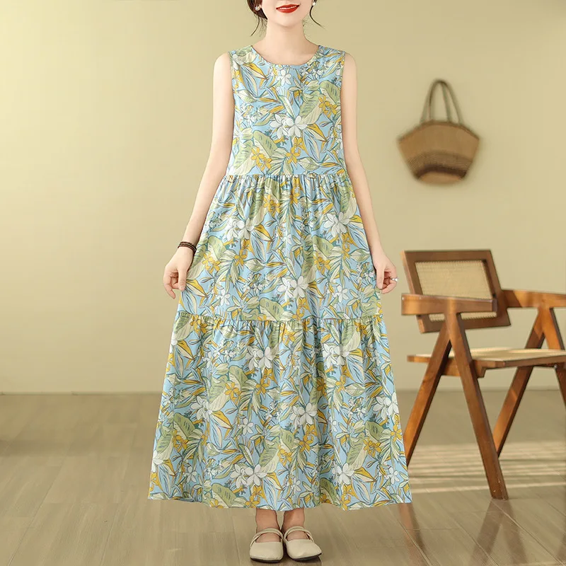 Elegante blumen druck Casual Lose Ärmellose Maxi Kleider Sommer frauen Kleid Dünne Hohe Taille Oansatz Mode Kleid Frau