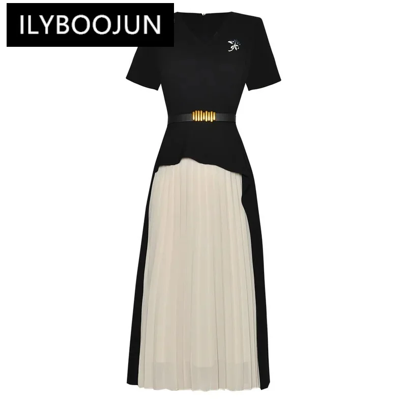 

ILYBOOJUN Summer Fashion Runway Dress Women Patchwork Sashes Ruched Heavy Diamond Flowers Temperament Medium Length Dresses