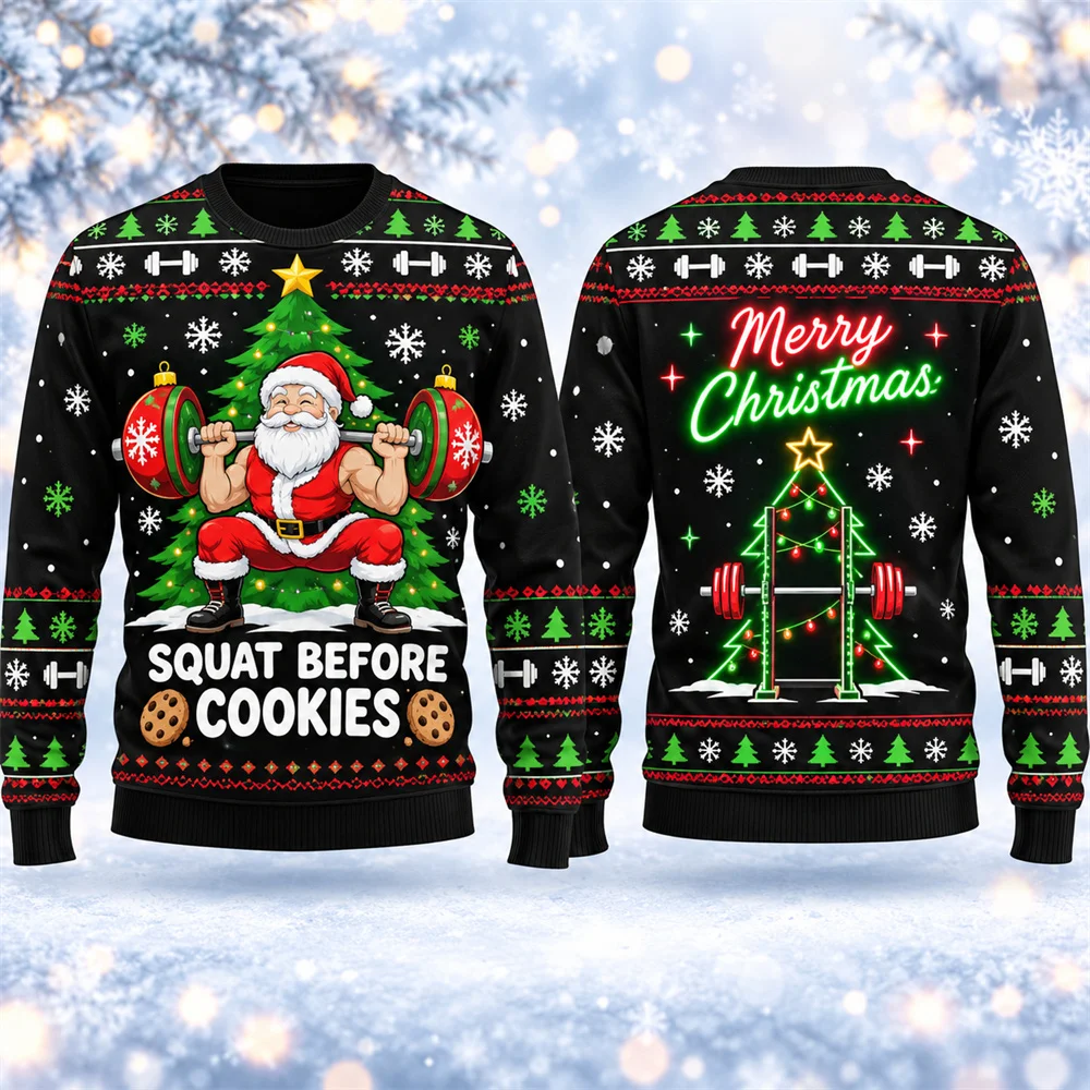 Fitness Theme Funny Christmas Ugly Sweater For Men 3D Print Humour Santa Claus Fitness Training Design Pullover Sweatshirt Gift
