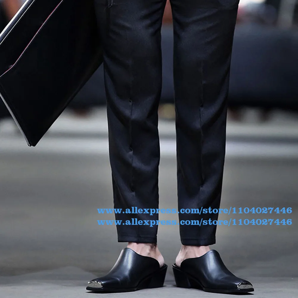 

Metal Square Toe Mules Black Leather Slip On Slides Males Beach Shoes Summer Men's Shoes Trendy Luxury Handmade Men's Sandals