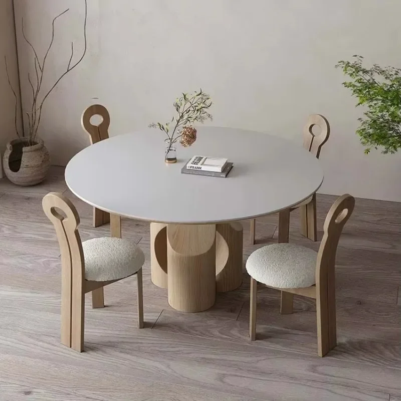 

Modern Round Grey Home Furniture Dining Table Luxury Solid Wood Slate Cream Style Dining Room Dining Set