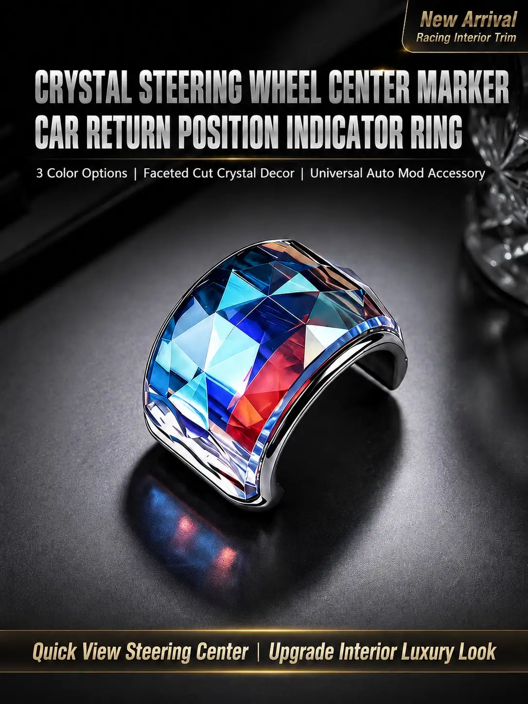 Faceted Rhinestone Steering Wheel Center Marker Ring 3 Colors Crystal Return Position Indicator Clip Universal Car Interior Deco