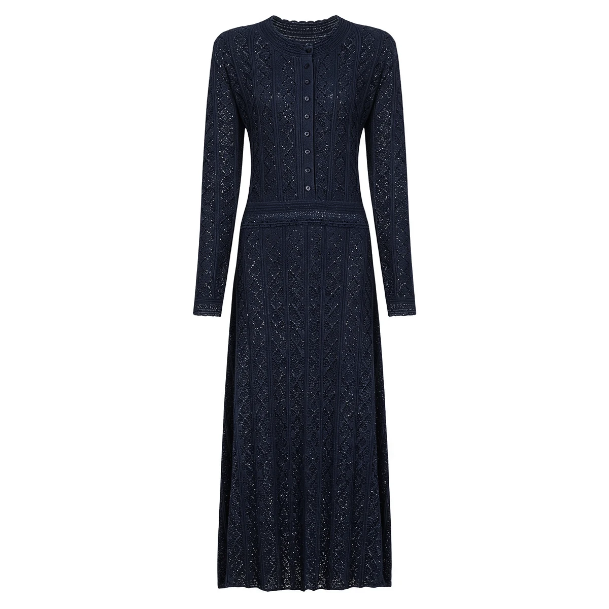 26283 Hochwertiges Herbst-Neuheit Modisches Luxuriöses Glänzendes Seidenkleid mit Rundhalsausschnitt, Langen Ärmeln und Rautenmuster, Schlankes Strickkleid für Damen