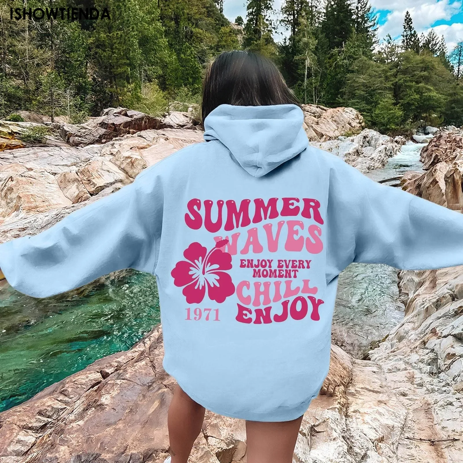 Hoodie Women Sweatshirts Harajuku Girl Casual Streetwear Ocean Beach Sweatshirt Sunset 1971 Letter Printed Long Sleeve Plus Size