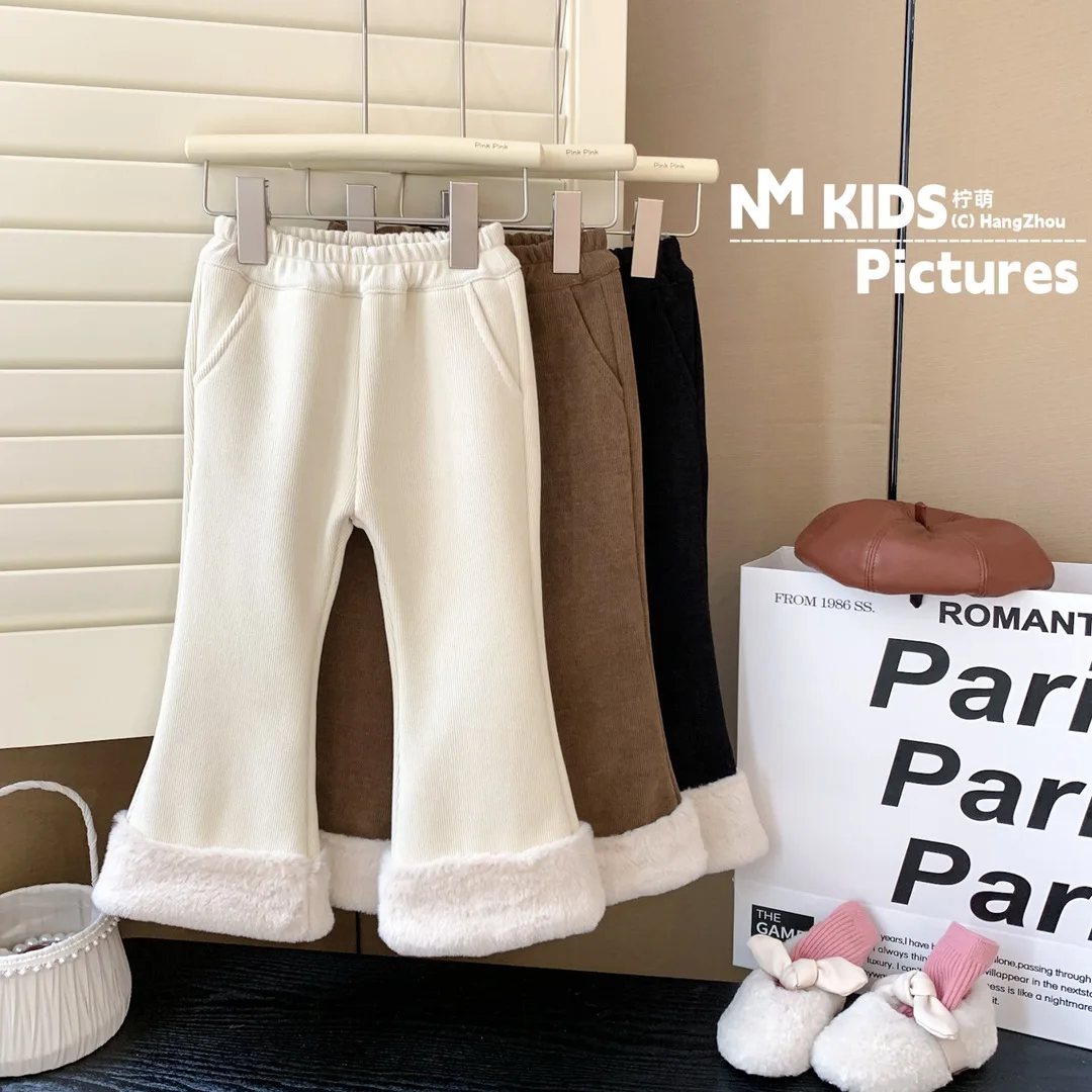 

2024 Children's autumn and winter pants for girls Children's foreign style furry pit striped and fleece thick warm casual pants