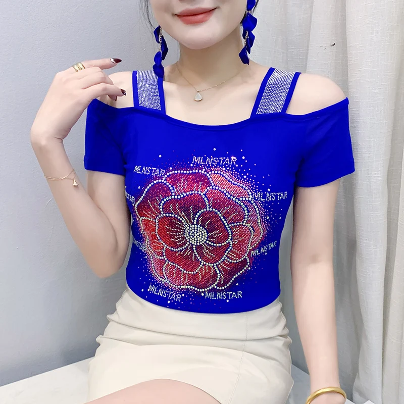 New 2026 Summer Short Sleeved Off The Shoulder Mesh Tops Elegant Slim Hot Diamond Women's T-Shirt M-3XL Clothes