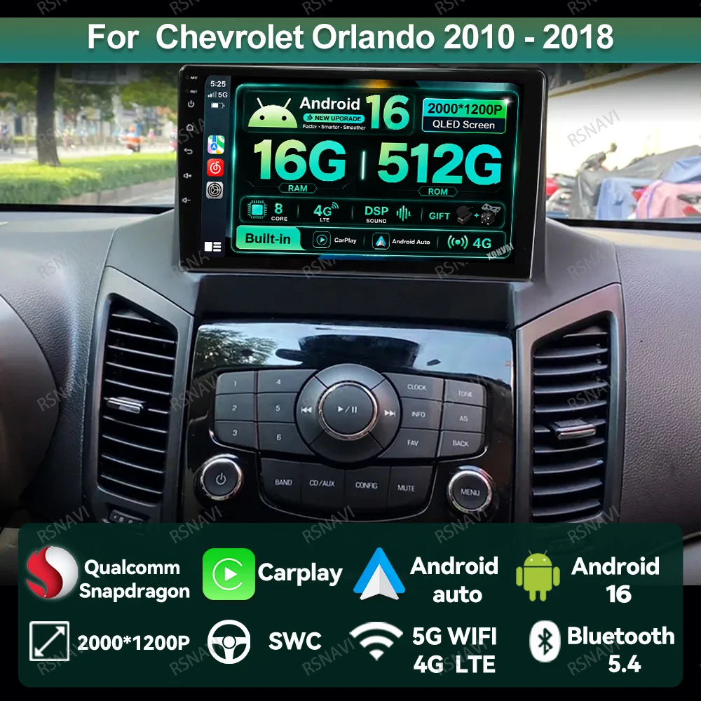 Android 16 Car Radio For Chevrolet Orlando 2010 - 2018 DSP Navigation WIFI+ 4G LTE QLED Snapdragon BT NO 2DIN Wireless IPS DVD