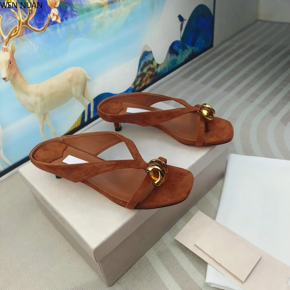 Leather toeless sandals for women with metal decorations square toe beach-themed gemstone accents versatile casual flip-flops