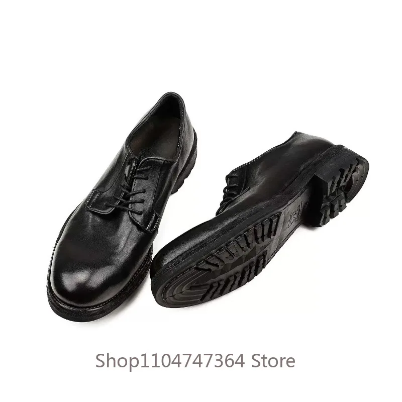 Premium Washed Cowhide Leather Shoes Men's Casual Business Thick Sole Lace‑up Daily Oxford Dress Shoes Male Genuine Leather