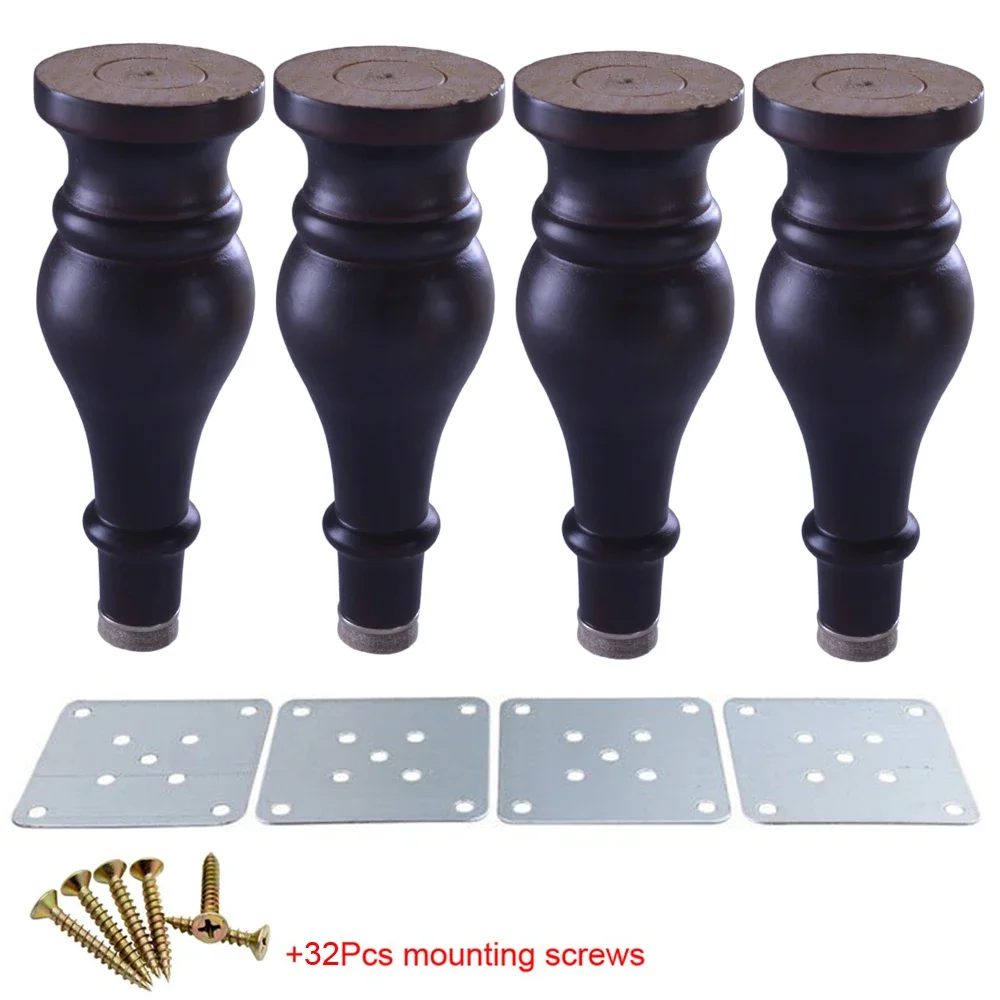 4pcs Wooden Furniture Legs Feet 180x65x25mm Gourd-shaped Black Eucalyptus Wood Sofa Bed Cupboard with Iron Sheet & felt pad