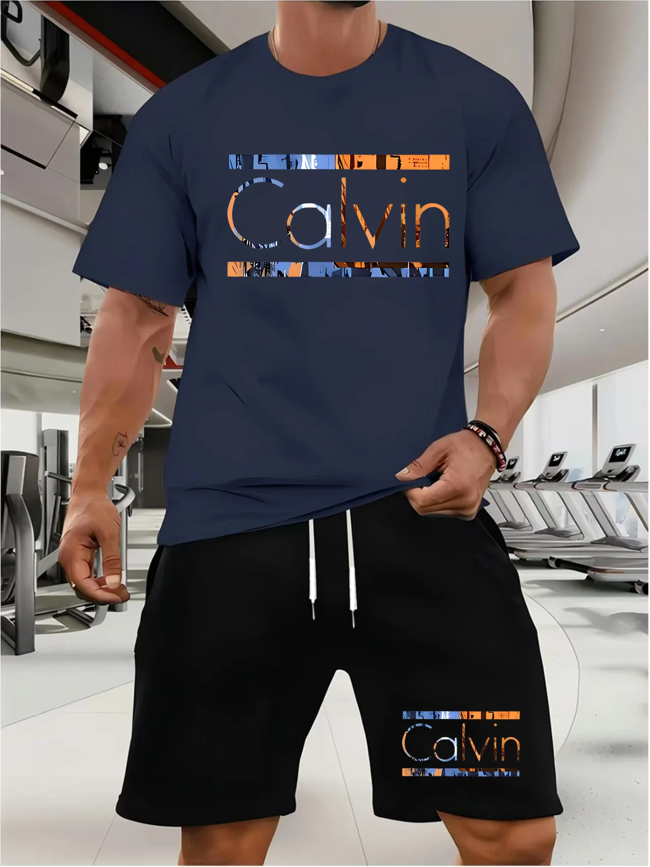New summer fitness sportswear for men, short-sleeved T-shirt and shorts two-piece set, breathable and quick-drying casual wear.