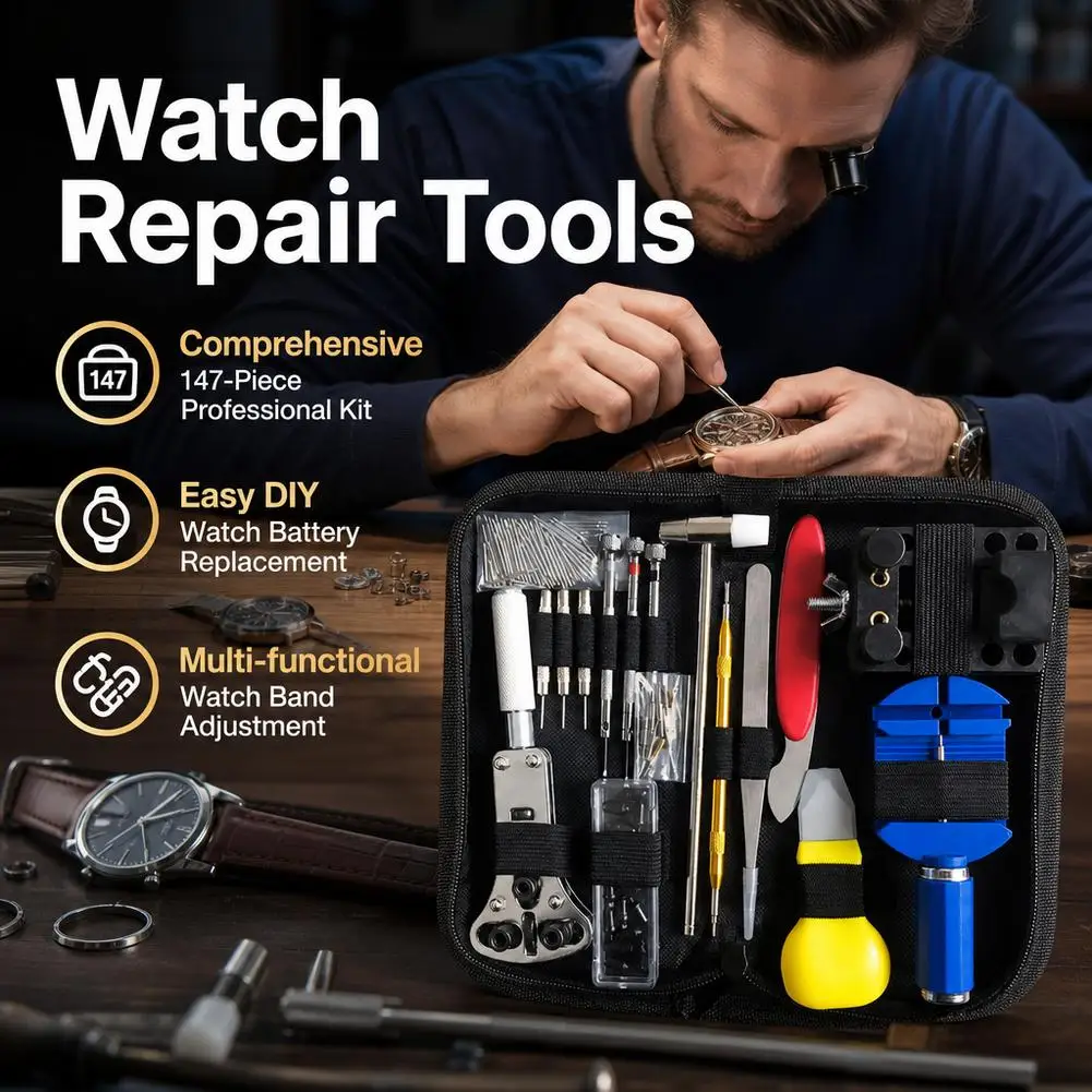 147-piece watch repair tool kit Includes watchmaker's link remover, case opener, spring bar Suitable for watch repair