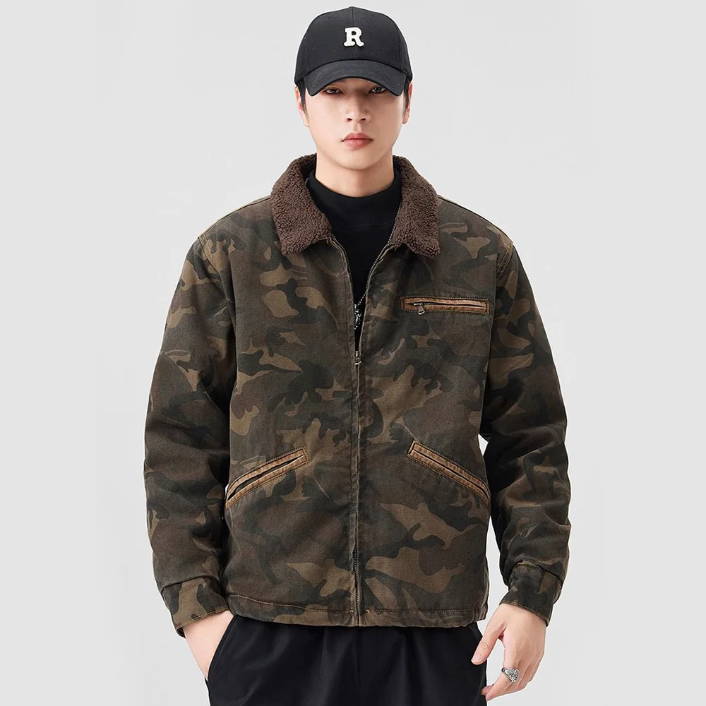 

Мужская американская винтажная камуфляжная хлопковая парусиновая осенне-зимняя утепленная куртка-карго, свободная повседневная теплая куртка с лацканами для пары, верхняя одежда