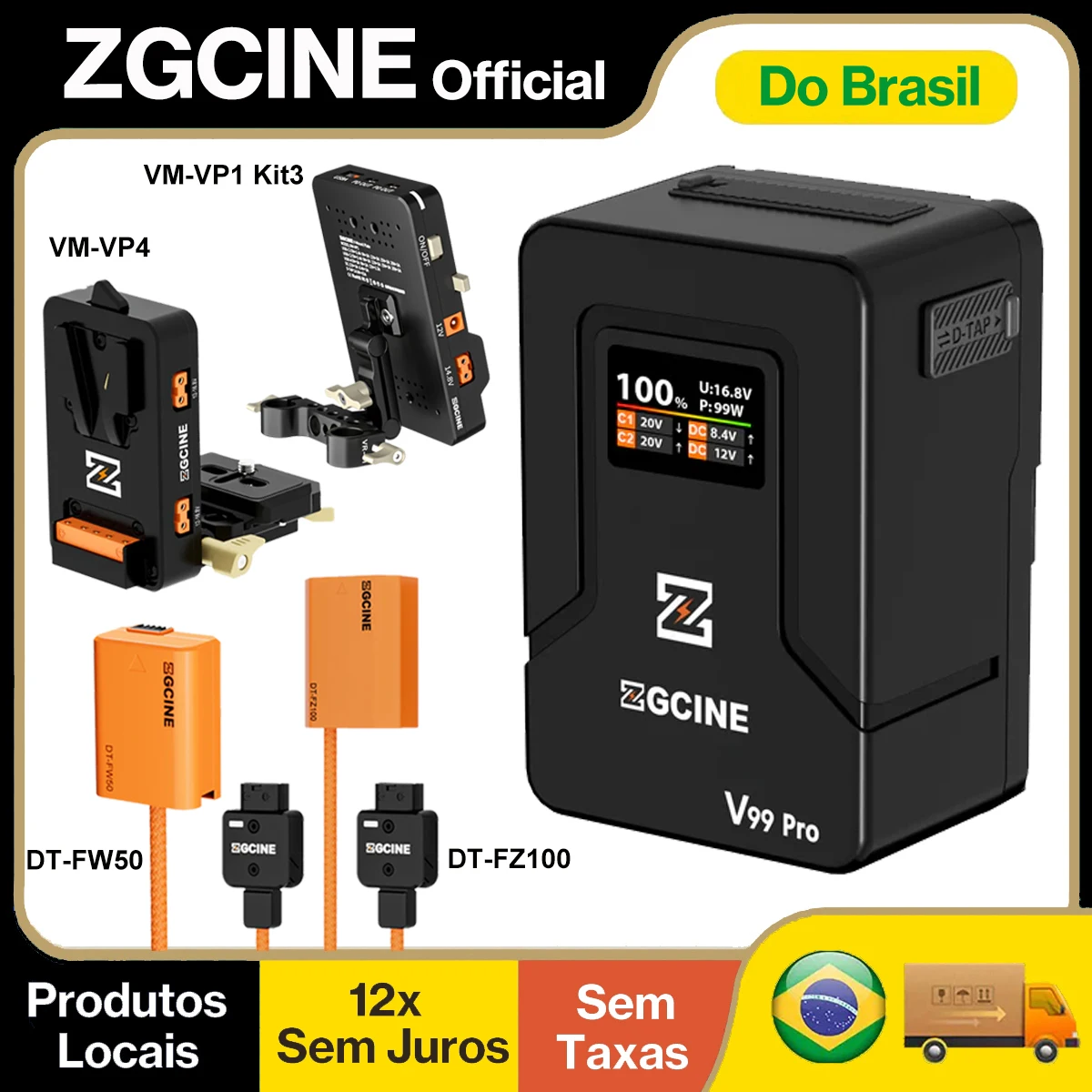 【Do Brasil】Bateria V-Mount ZGCINE ZG-V99Pro 95Wh 6400mAh + Placas V-Lock VM-VP4/VM-VP1 Kit3 & Cabo D-Tap para NP-FZ100/NP-FW50 – Compatível com Câmeras Sony FX3, FX30, ZV-E10, Luzes de Vídeo LED e Monitores