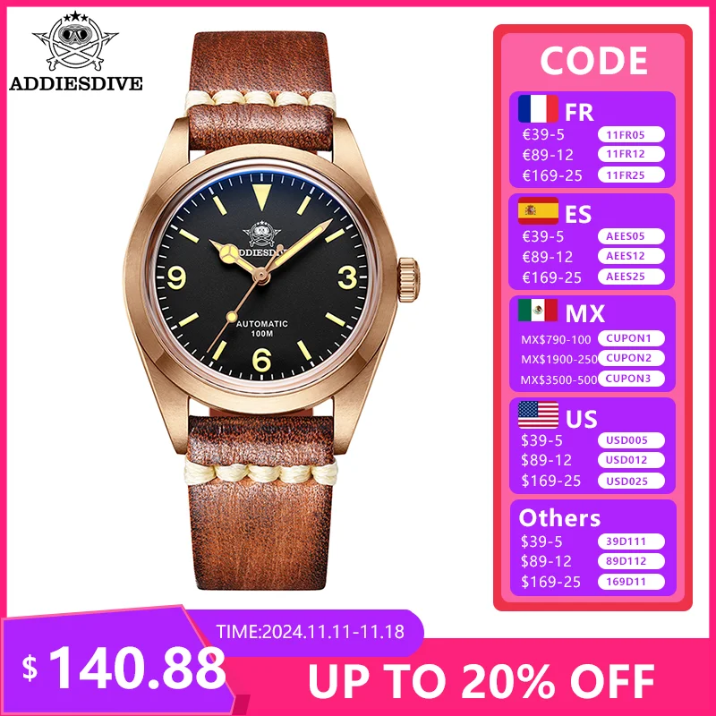 

ADDIESDIVE Luxury Men Automatic Watch Retro CUSN8 Bronze Sapphire Crystal Luminous 100m Waterproof Mechanical Analog Watch