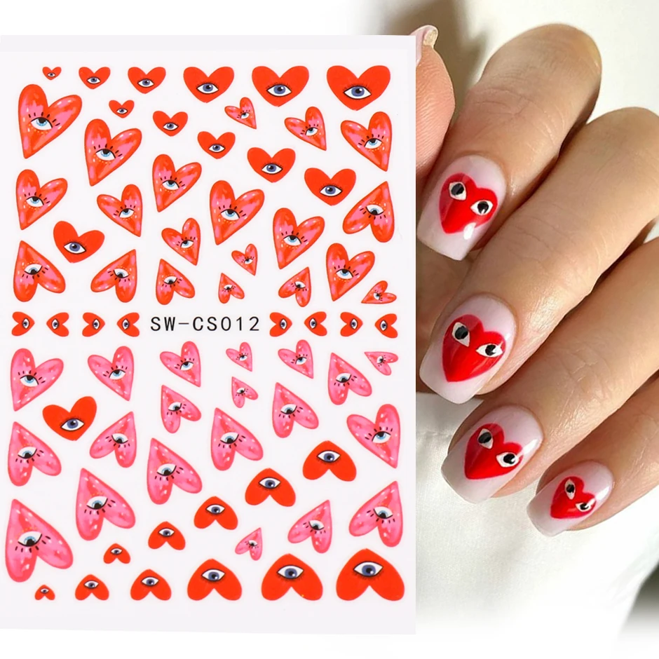 3D Heart Nail Design Blue Red Evil Eye Nail Art Decoration Sticker Press on Nails Valentine Decals Manicure Accessory SASW-CS012