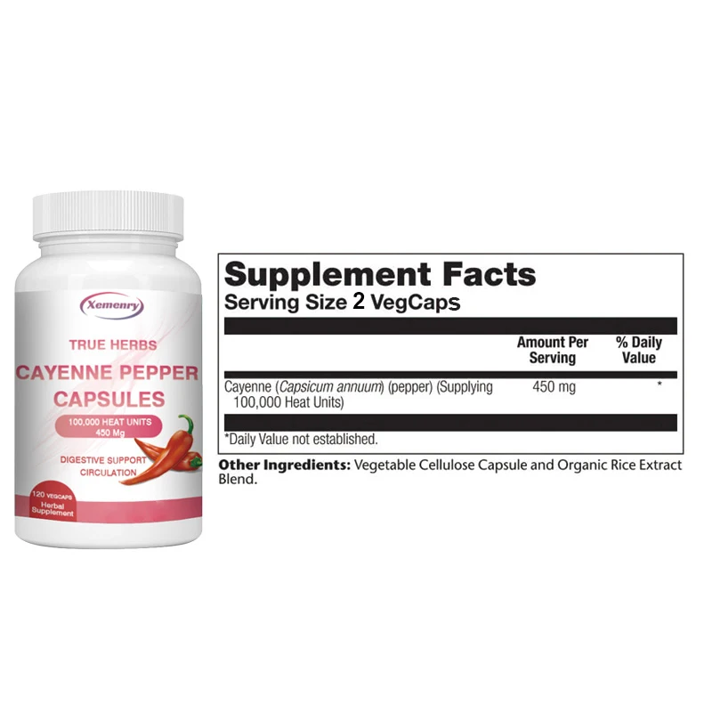 Cayenne Pepper Capsules 750mg - Improves Digestion, Blood Circulation, and Supports Cardiovascular Health