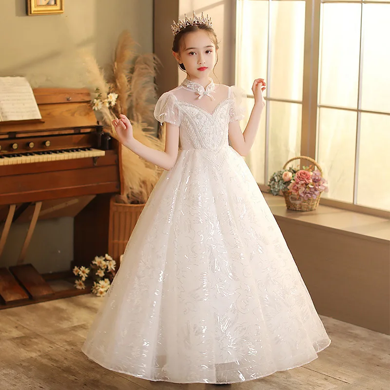 Child Girl white Evening Dresses for Party and Wedding Formal Ball Gown Sexy Long Cocktail Dress Cute Fluffy Prom Princess Frock