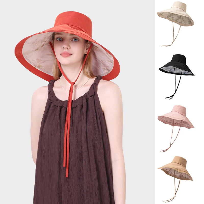 17cm Extra Wide Brim Reversible Sun Hat Women Beach Hat Summer UV Protection Bucket Hat Ponytail Friendly Ins Style Holiday Cap