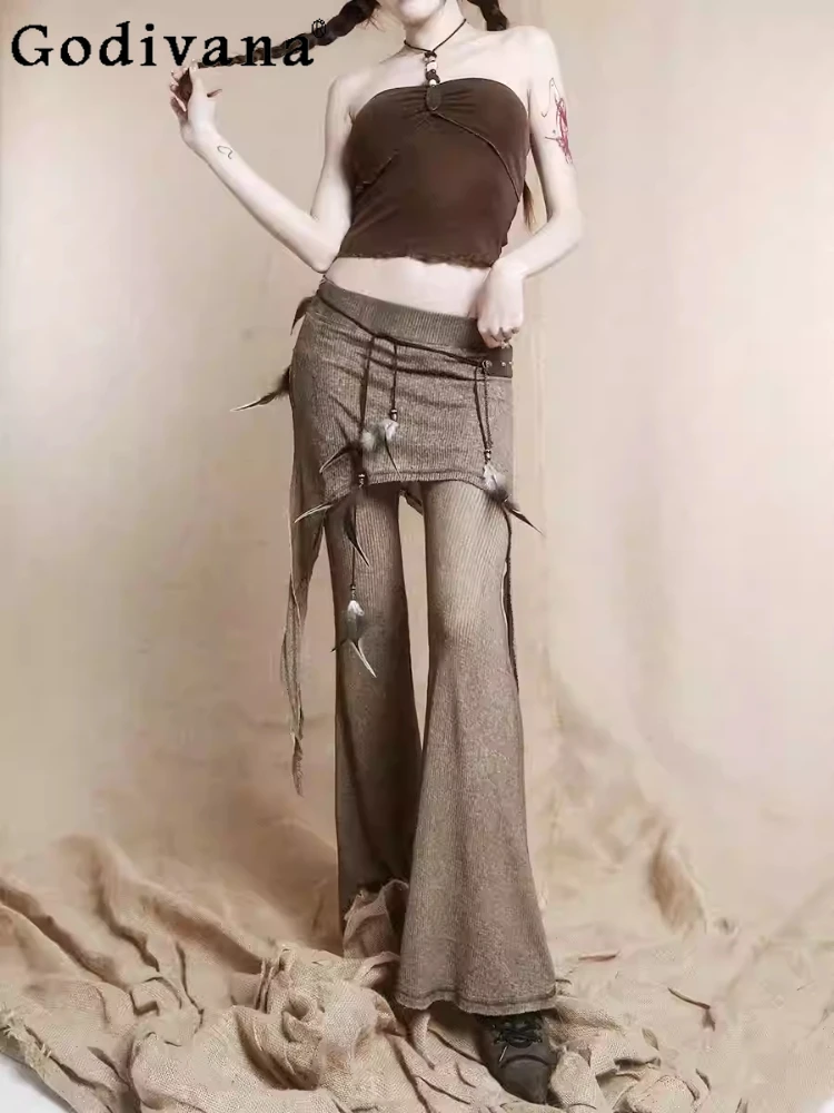 

Spring New Retro Wasteland Style Irregular Split Thin Flared Trousers Fashion Women Elastic Waist Solid Color Simple Pants