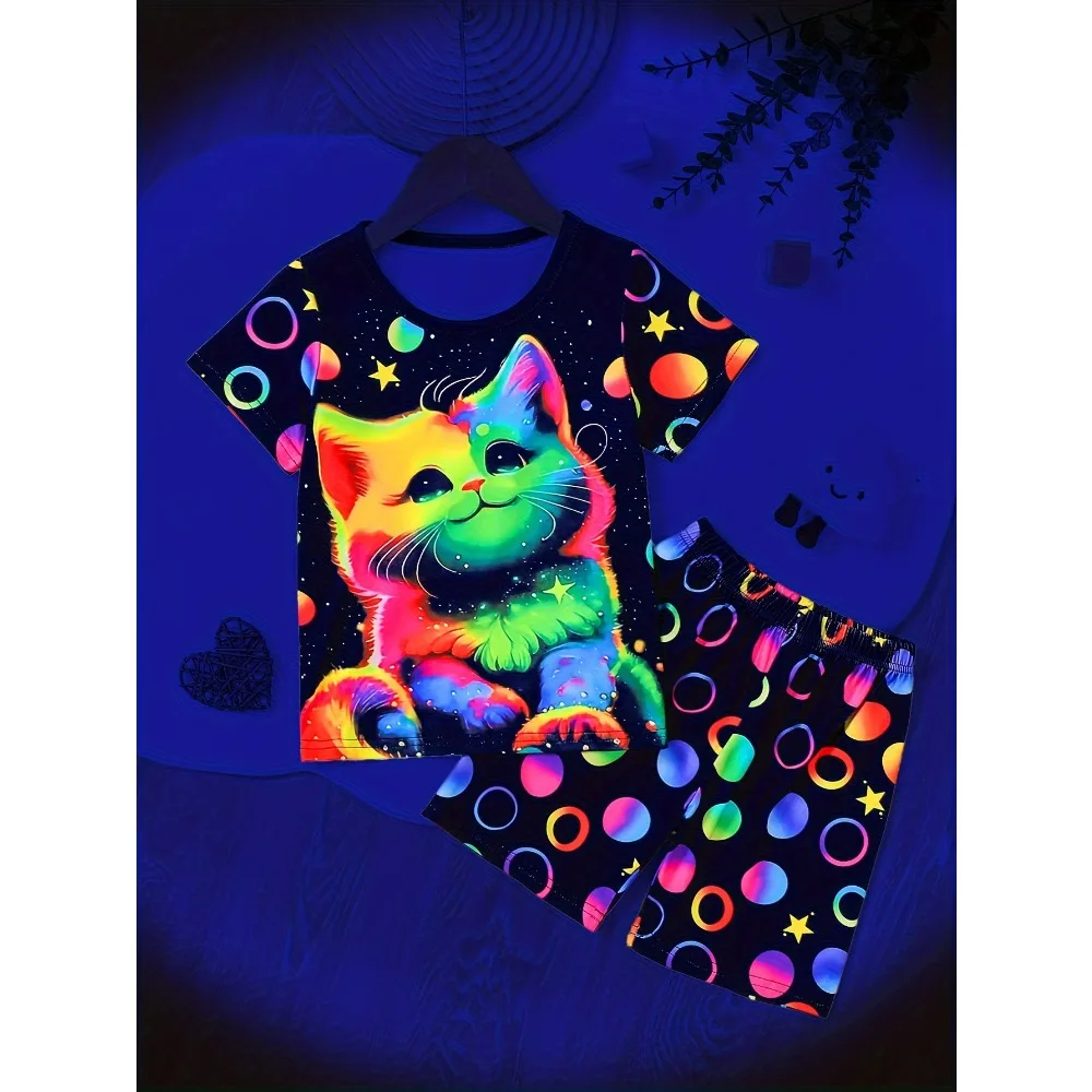 2024 Two Girls Cute Pajamas Set Fluorescent Colorful Cat Print Short-sleeved Shirt and Shorts Comfy Cute Princess Style Pajamas