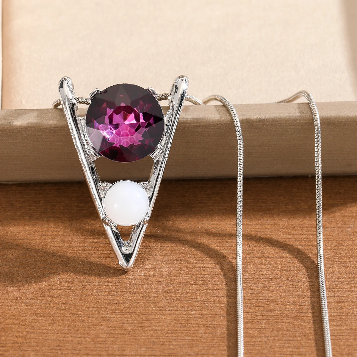 Simple Style Triangular Frame Set with Large Magenta Artificial Gemstones. Women's Pendant Earrings for Daily Commuting.