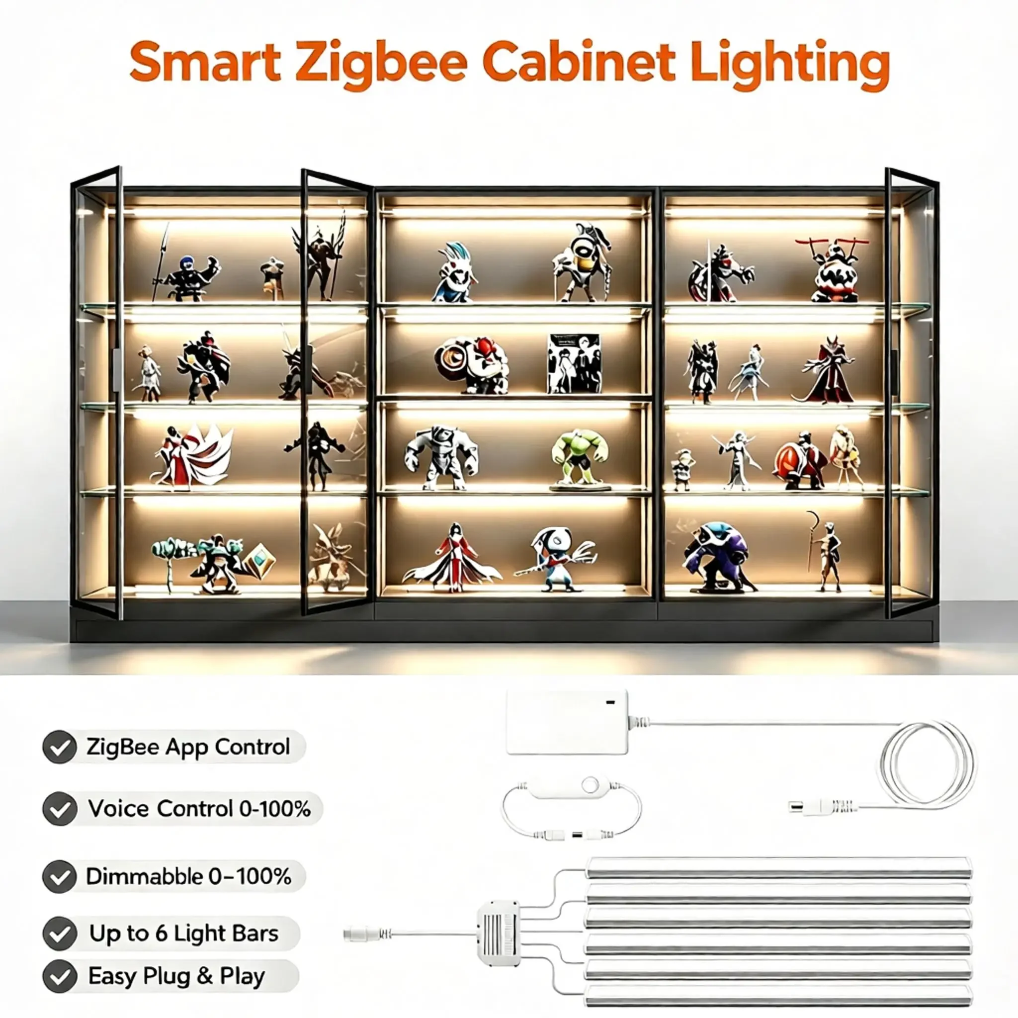 ZigBee Smart Showcase LED Light Bar Kit 1-6PCS, With Alexa Google Home App Voice Control Group Dimmable For Cabinet Lighting