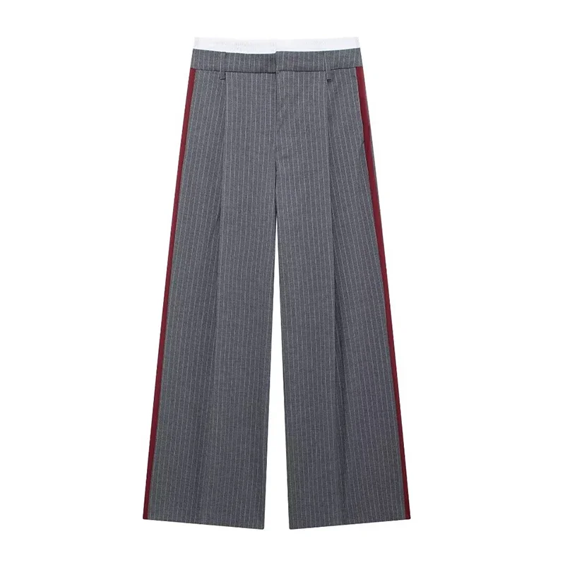 Women Fashion Grey Striped Pleated Front Zipper Straight Pant Vintage High Waist Full Length Female Chic Lady Trousers