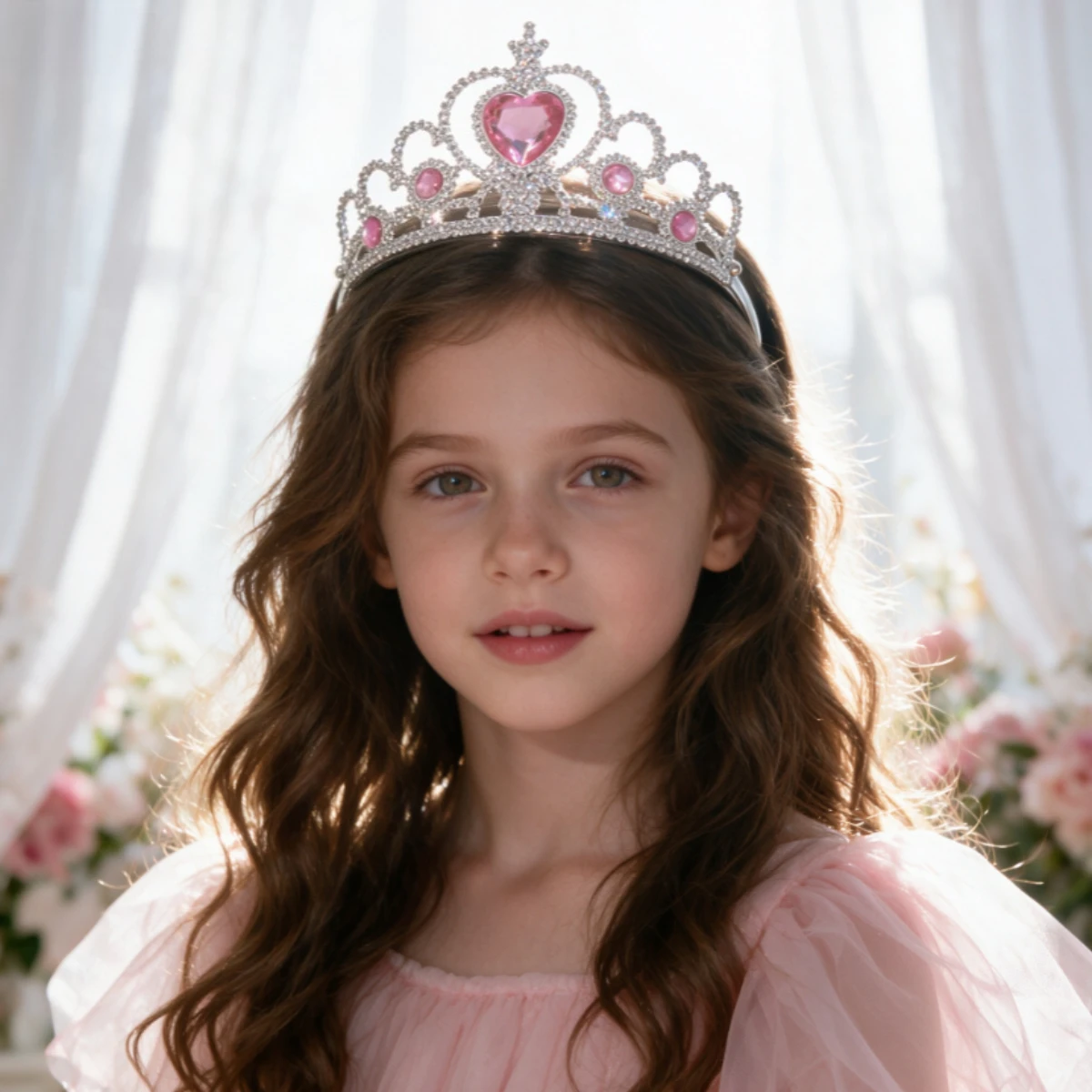 Cute Heart Rhinestone Kids Tiara Silver Hollow Princess Headband Children Birthday Cake Smash Cosplay Party Hair Jewelry Gift