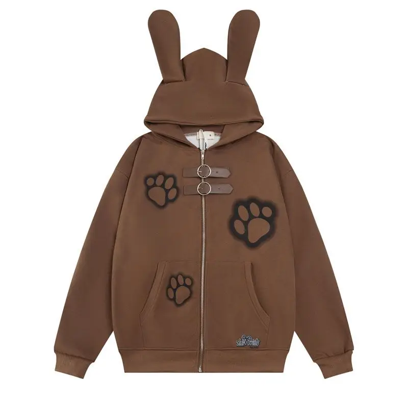 

Кардиган с капюшоном и рисунком кролика, повседневная куртка, женская кавайная осенне-зимняя толстая свободная толстовка в стиле хип-хоп, дизайнерская толстовка с капюшоном, новинка 2025 г.