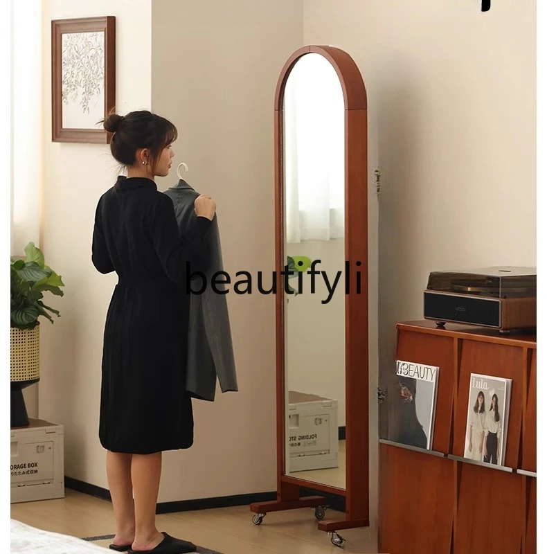 

Solid wood full-length mirror, movable mirror, full-length mirror, floor-to-ceiling, storage magazine rack, newspaper rack